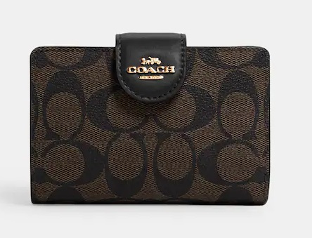 Coach Medium Corner Zip Wallet In Signature Canvas (Walnut/Black) (محفظة Coach متوسطة الحجم بسحاب من قماش Signature (جوزي/أسود))