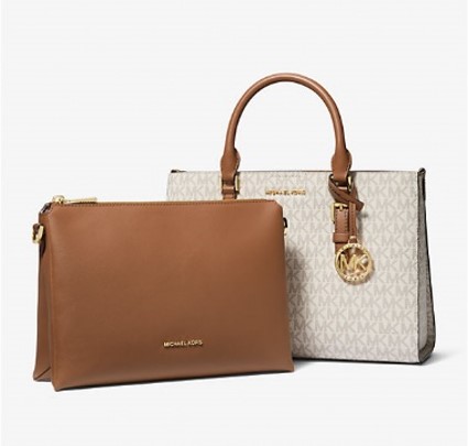 Michael Kors Sally Medium 2-in-1 Logo and Faux Leather Satchel (Vanilla) حقيبة مايكل كورس سالي متوسطة الحجم 2 في 1 بشعار وجلد صناعي (فانيليا) 