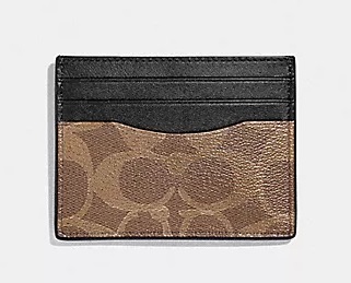 Coach Slim Id Card Case In Signature Canvas Tan/Black (حافظة بطاقات هوية رفيعة من Coach مصنوعة من قماش Signature باللون البني/الأسود)