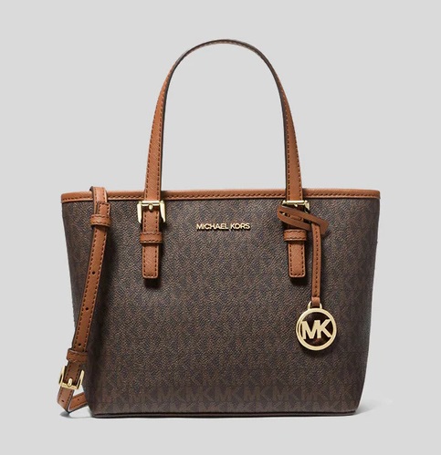Michael Kors Jet Set Travel Extra-Small Logo Top-Zip Tote Bag "Brown" حقيبة مايكل كورس جيت سيت ترافل صغيرة جدًا بسحاب علوي وشعار "بني"
