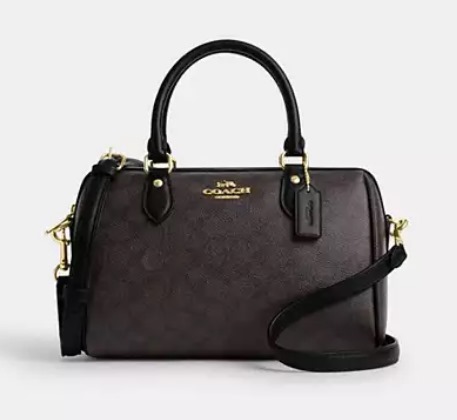 Coach Rowan Satchel Bag In Signature Canvas "Gold/Walnut Black" (حقيبة كوتش روان ساتشل من قماش مميز بلون الجوز الأسود)