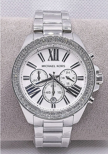 Michael Kors Women's Wren Chronograph Silver Stainless Steel Watch (ساعة مايكل كورس النسائية كرونوغراف رين فضية من الفولاذ المقاوم للصدأ)