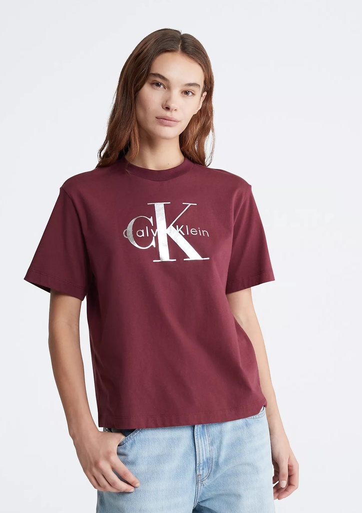 Calvin Klein Metallic Monogram Logo Boxy Crewneck T-Shirt (Medium-Maroon)