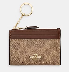 Coach Mini Skinny Id Case In Signature Canvas Gold/Tan/Brown (حافظة بطاقات هوية صغيرة من كوتش، مصنوعة من قماش مميز باللون الذهبي/البني الفاتح/البني الداكن)