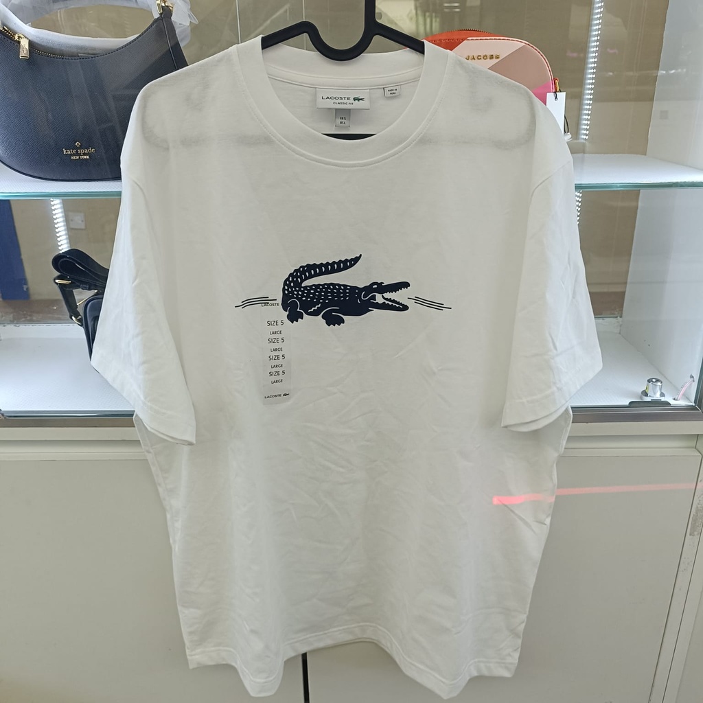 Lacoste Blue Print White "Large" T-Shirt (تي شيرت لاكوست أزرق مطبوع أبيض كبير الحجم)