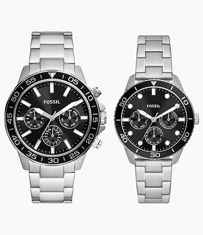 [BQ2753SET] Fossil His and Hers Multifunction Stainless Steel Watch (Black/Silver)