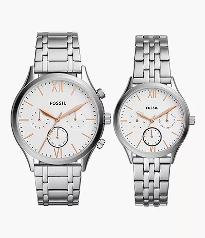 Fossil His and Her Fenmore Multifunction Stainless Steel Silver Watch Gift Set